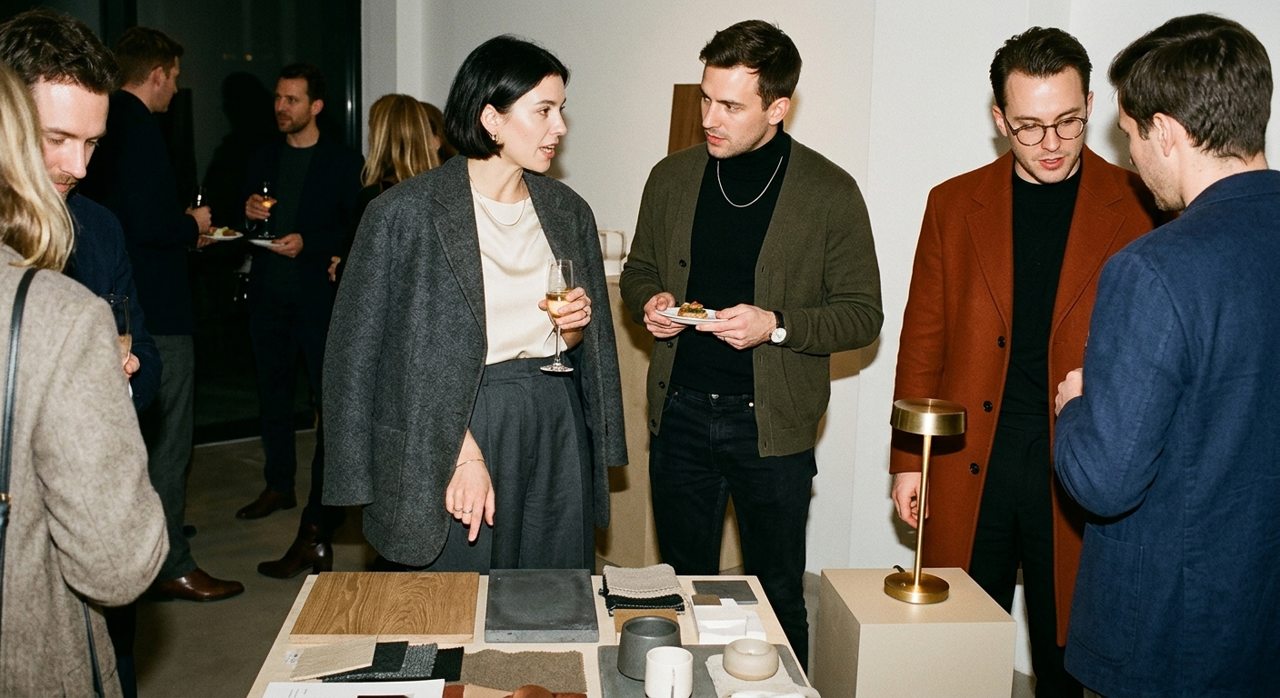 Architects exploring stone, ceramic and wood material samples at a contemporary design exhibition