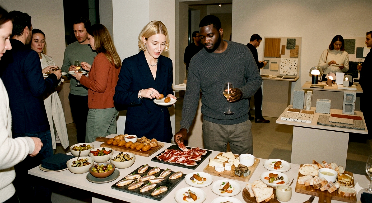 Architects and designers enjoying a buffet at the FORMAA exhibition with curated architectural material samples in the background