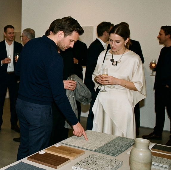 Architects and designers examining curated material samples at the FORMAA Spanish design exhibition