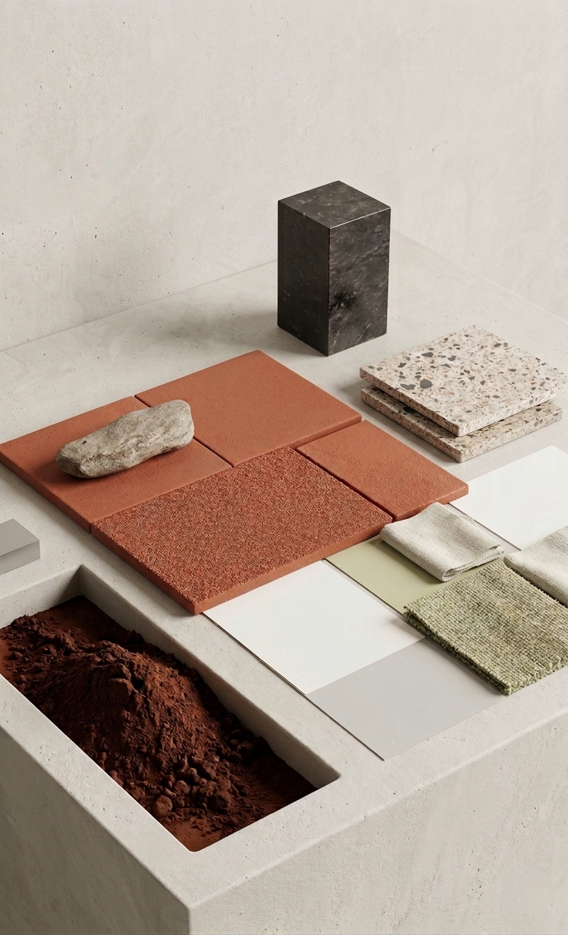 Curated architectural material samples displayed on a table during the FORMAA design event