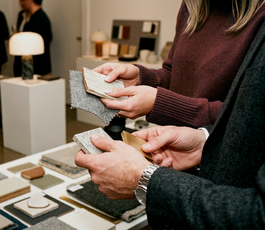 Guests exploring textures and materials during the design event